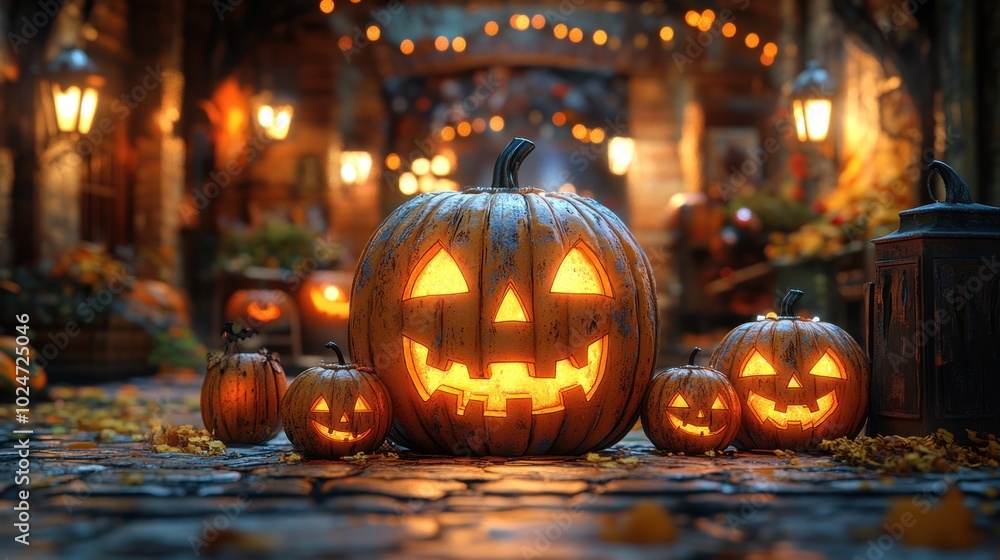 Fototapeta premium Halloween scene with glowing jack-o'-lanterns and autumn decor.
