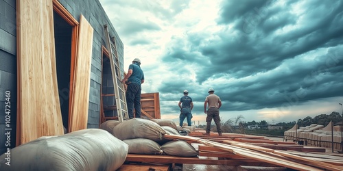 Sandbags and wooden boards being placed around a building for hurricane protection, with people preparing for the approaching storm, selective focus
