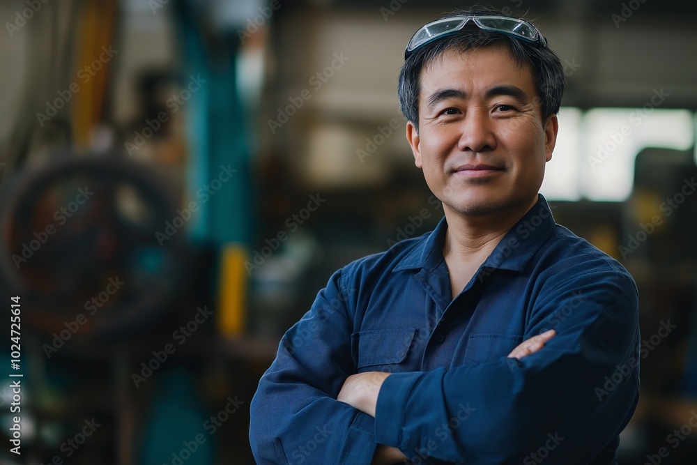 Confident factory worker in a blue uniform with arms crossed
Confident factory worker in a blue uniform with arms crossed