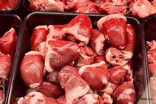 close up large red raw turkey hearts lie in black container at supermarket. offal . raw poultry meat