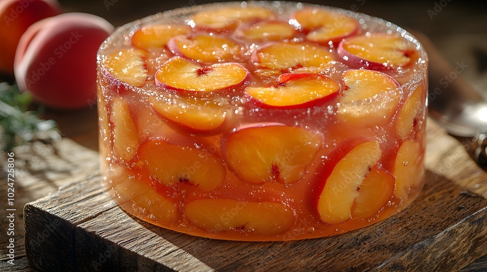 Refreshing summer peach jelly cake on wooden table with fresh peaches Refreshing summer peach jelly cake on wooden table with fresh peaches