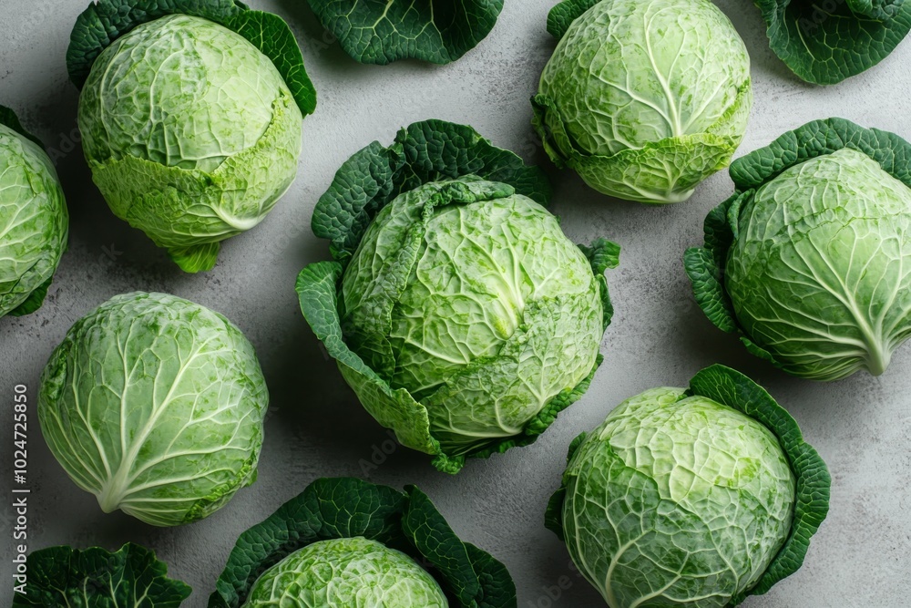 Fototapeta premium Fresh Green Cabbage Heads on Gray Background