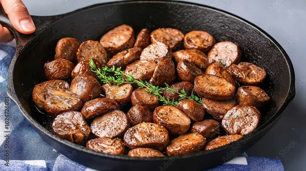 Culinary Delight: Chef Saut้ing Mixed Wild Mushrooms with Fresh Thyme in Cast Iron Pan Culinary Delight: Chef Saut้ing Mixed Wild Mushrooms with Fresh Thyme in Cast Iron Pan