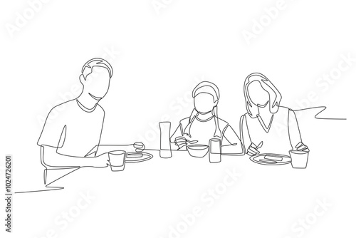 Happy family having dinner. Family dinner concept one-line drawing