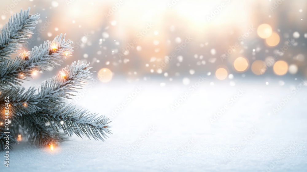 Winter Wonderland Greeting Card, festive scene featuring snow-covered landscape, fir tree branches, celebrating Christmas and New Year joy. Winter Wonderland Greeting Card, festive scene featuring snow-covered landscape, fir tree branches, celebrating Christmas and New Year joy.