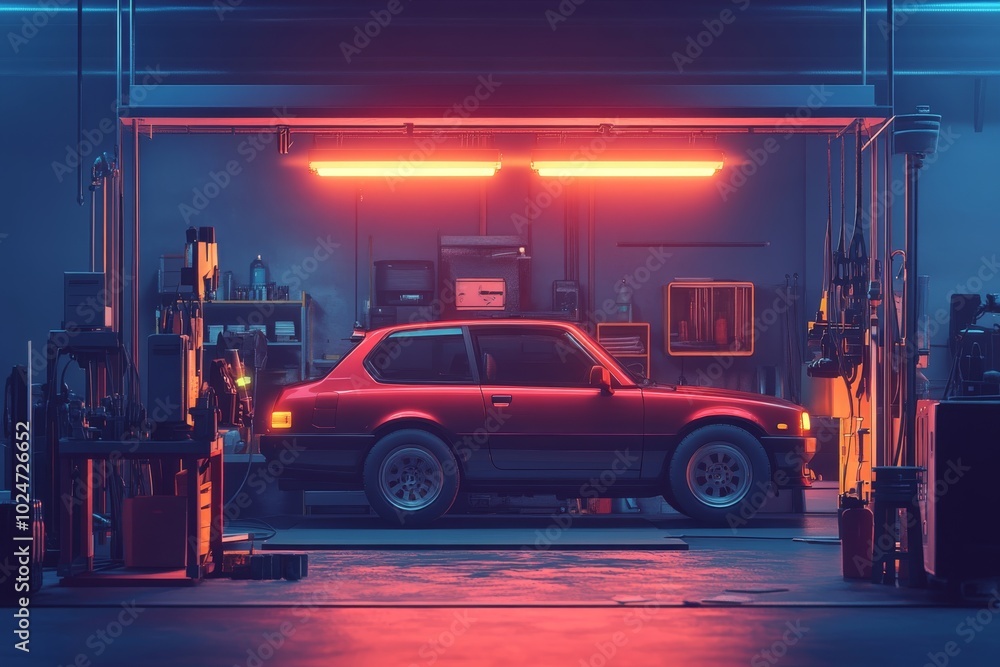 Fototapeta premium Red Car in a Neon Garage