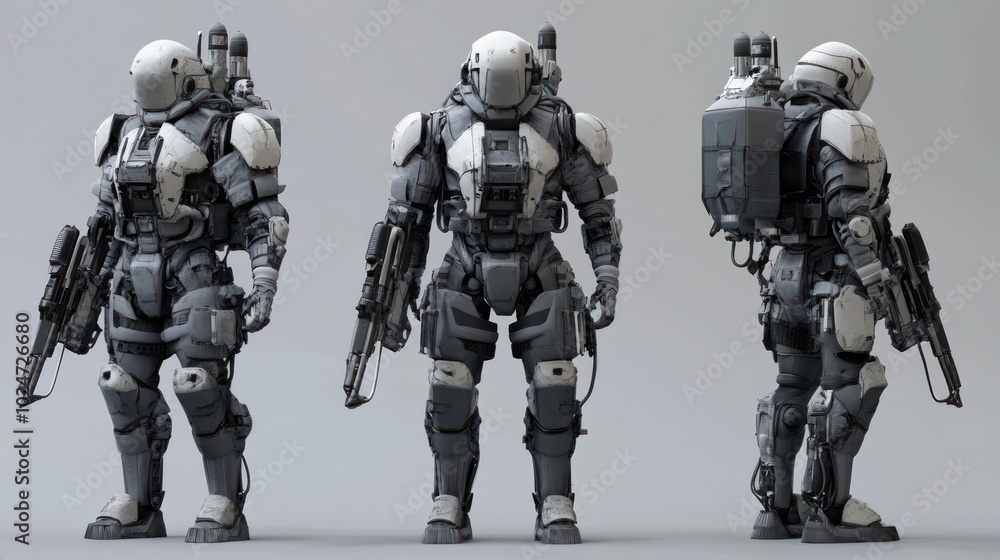 Fototapeta premium Three futuristic armored soldiers in a combat stance