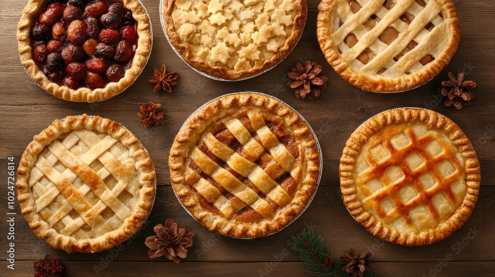 Festive Overhead Arrangement of Freshly Baked Holiday Pies, showcasing a variety of flavors and textures in a seasonal display Festive Overhead Arrangement of Freshly Baked Holiday Pies, showcasing a variety of flavors and textures in a seasonal display