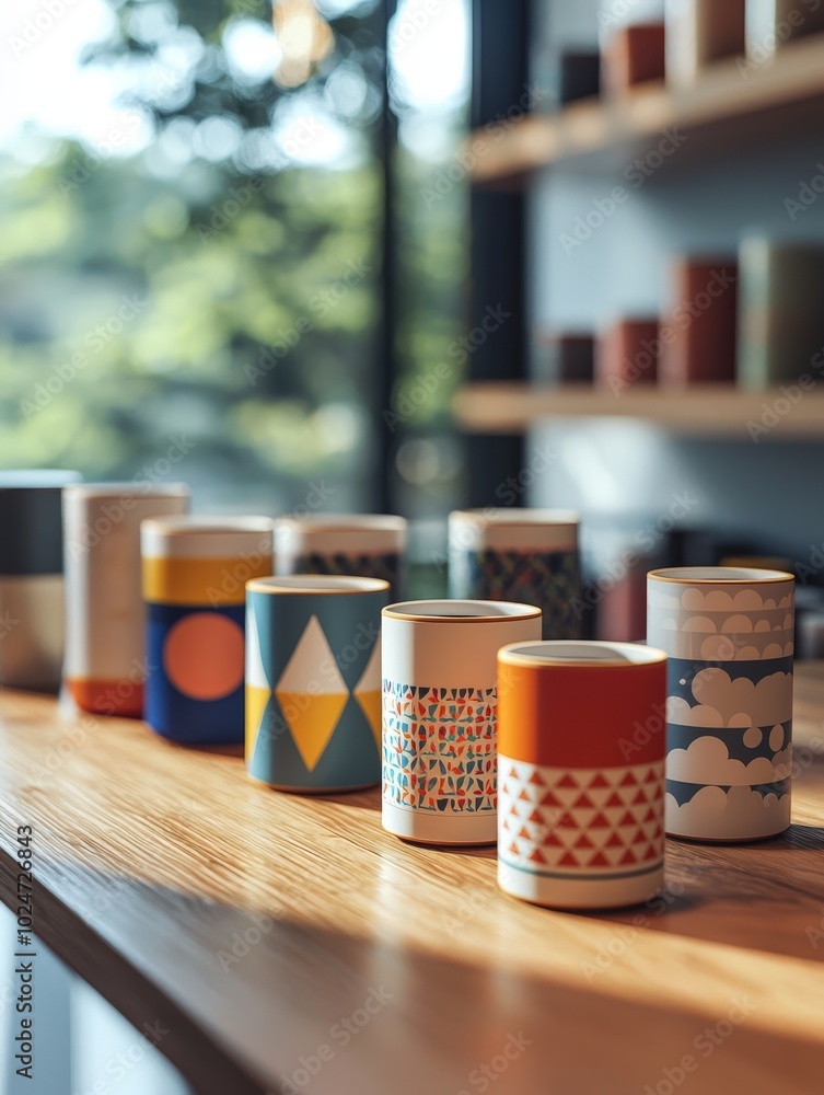 Colorful Patterned Mugs on Wooden Table with Blurred Background Colorful Patterned Mugs on Wooden Table with Blurred Background