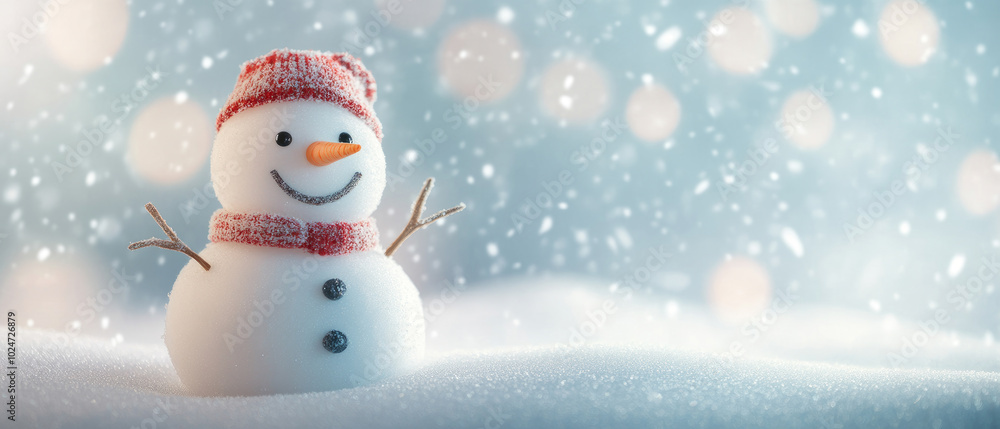 Joyful snowman amidst a serene winter landscape, inviting warmth and cheer with ample space for personalized messages. Joyful snowman amidst a serene winter landscape, inviting warmth and cheer with ample space for personalized messages.