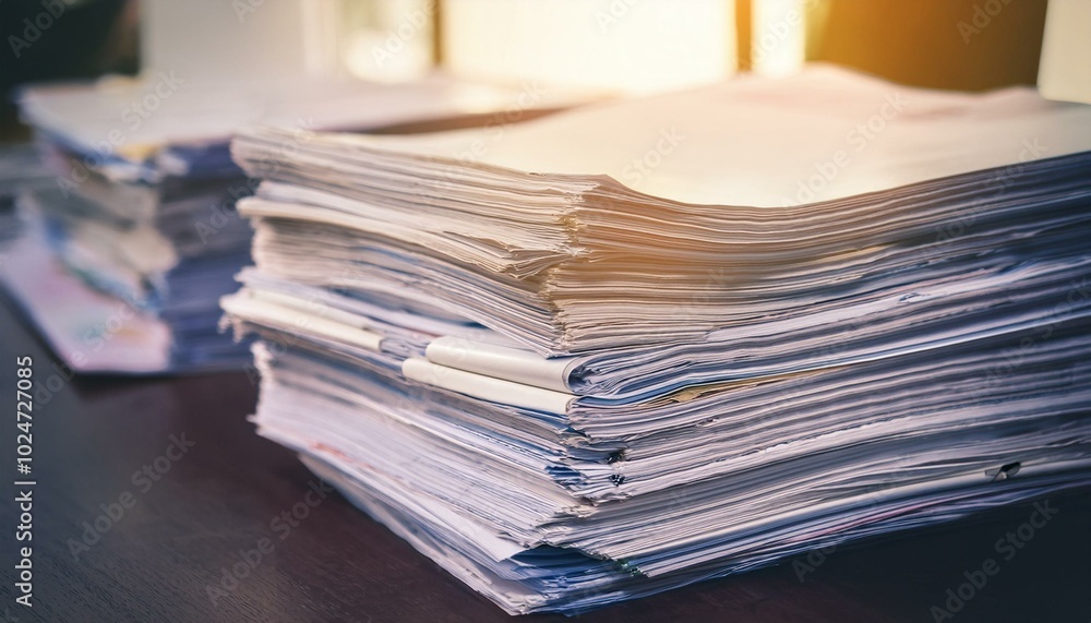 A closeup view of a stack of files and documents filled with papers; a thick stack of documents and files in an office; documents stack high on an office table; a thick file of documentation A closeup view of a stack of files and documents filled with papers; a thick stack of documents and files in an office; documents stack high on an office table; a thick file of documentation