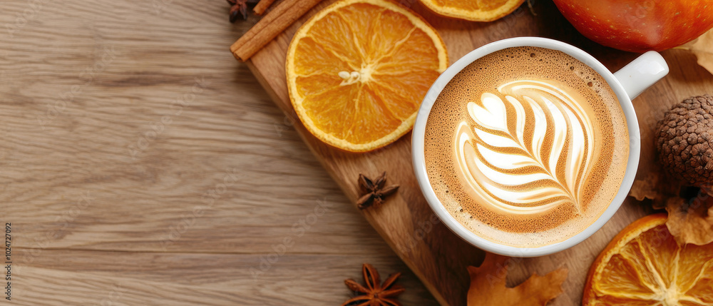 Autumnal Pumpkin Spice Latte with Maple Leaf Foam, adorned with Dried Fruits, Orange Slices, Acorns, Star Anise, and Mini Pumpkins Autumnal Pumpkin Spice Latte with Maple Leaf Foam, adorned with Dried Fruits, Orange Slices, Acorns, Star Anise, and Mini Pumpkins