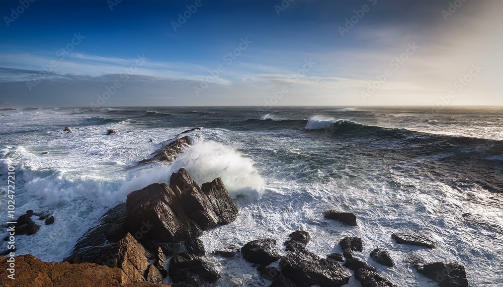 Fototapeta premium Ocean waves crashing and breaking on the rocks by the water; landscape photography
