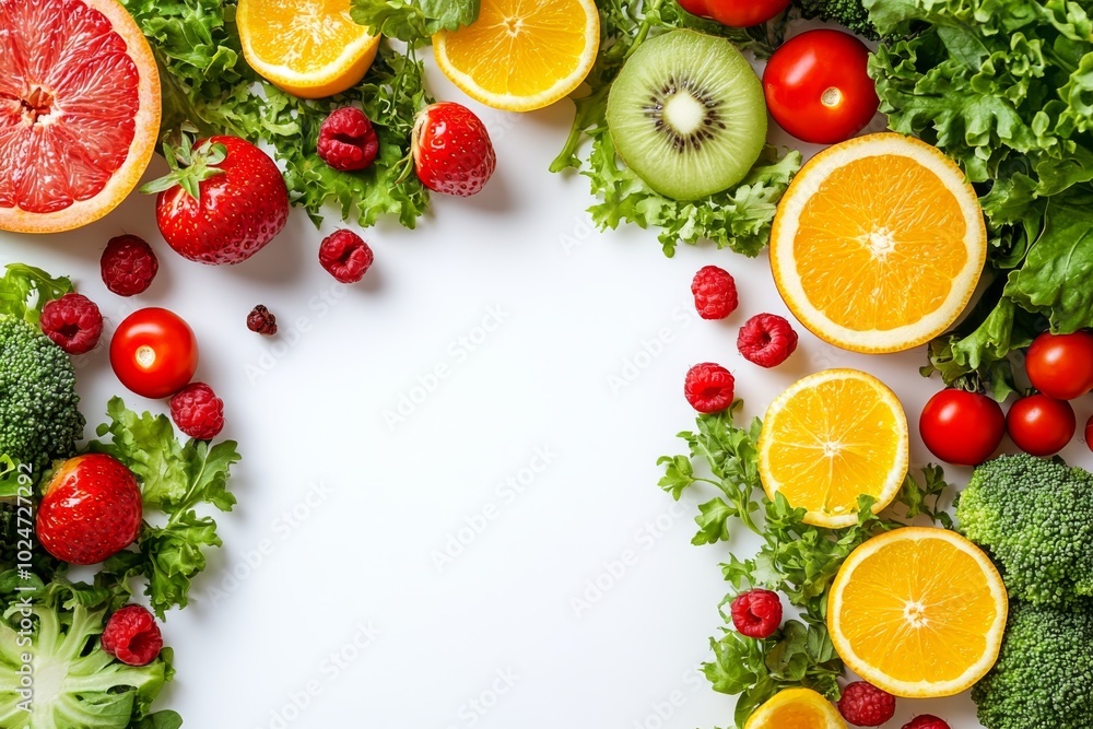 Fresh Fruits Vegetables and Greens Border on White Background Fresh Fruits Vegetables and Greens Border on White Background