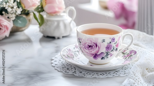 A vintage floral teacup and saucer on a white marble tabletop feature a delicate pink and purple roses pattern, creating an elegant afternoon tea setting with nostalgic charm.