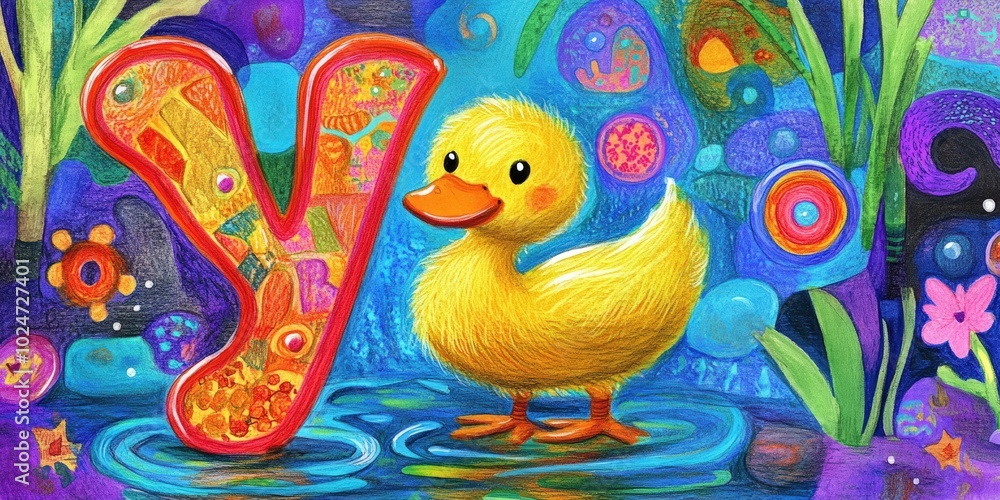 Duckling by a colorful letter Y. Duckling by a colorful letter Y.