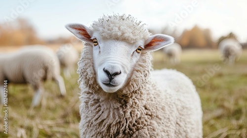 Close-Up of a White Sheep with Fluffy Wool Standing in a Muddy Pen on a Farm