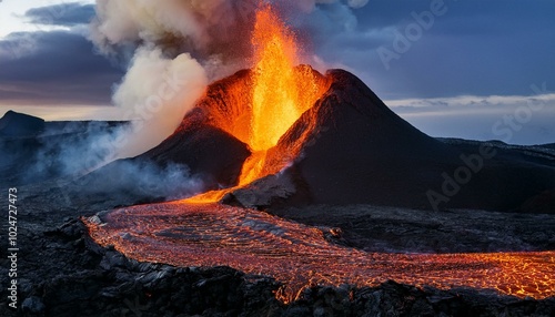 Volcano eruption and lava flowing downhill into the town or city while smokes and debris is coming out of the top; active volcano activity exploding and erupting creating flowing lava