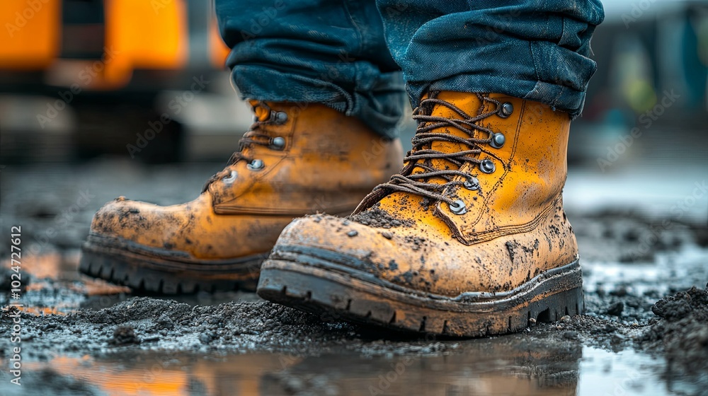 Close-up at worker feet is wearing leather safety boots during walking on rustic walkway platform. Close-up at worker feet is wearing leather safety boots during walking on rustic walkway platform.