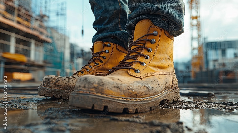 Close-up at worker feet is wearing leather safety boots during walking on rustic walkway platform. Close-up at worker feet is wearing leather safety boots during walking on rustic walkway platform.