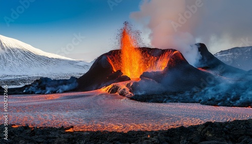 Volcano eruption and lava flowing downhill into the town or city while smokes and debris is coming out of the top; active volcano activity exploding and erupting creating flowing lava