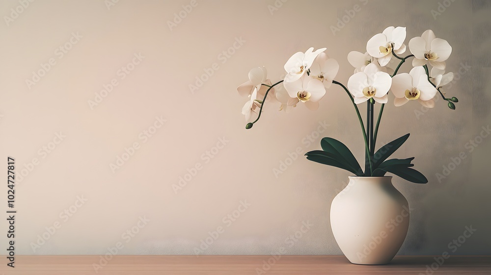 A white orchid in a ceramic vase sits elegantly against a pale beige background, featuring delicate petals and a zen-inspired decor in soft natural light for a serene atmosphere. A white orchid in a ceramic vase sits elegantly against a pale beige background, featuring delicate petals and a zen-inspired decor in soft natural light for a serene atmosphere.