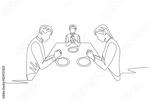 The family prays before starting dinner. Family dinner concept one-line drawing