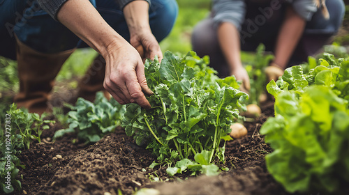 Gardening hands tending to fresh greens in vibrant vegetable garden