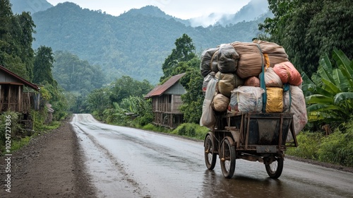 Rural cart laden with large sacks on a wet road, surrounded by lush greenery and misty mountains in the background. photo