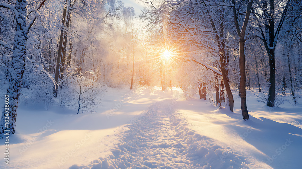 serene winter landscape with snow covered trees and glowing sun serene winter landscape with snow covered trees and glowing sun