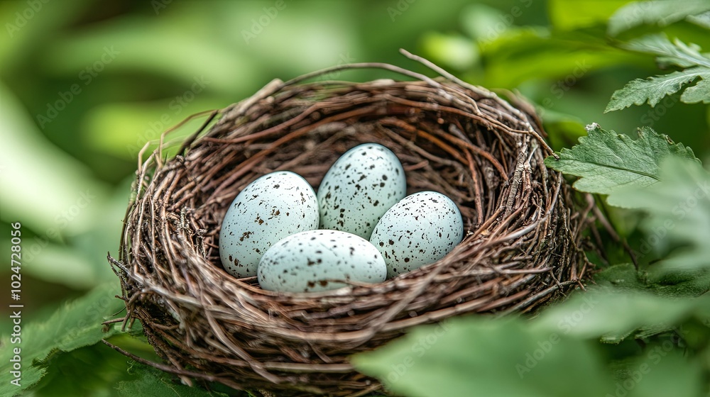bird nest on tree branch with five blue eggs inside bird nest on tree branch with five blue eggs inside
