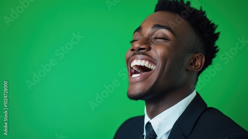 Close-up of a man in a suit laughing joyfully, with his eyes closed, set against a vibrant green background.