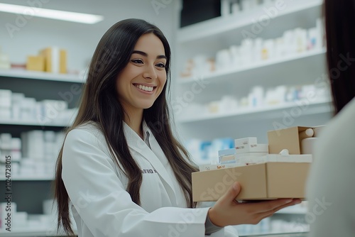 Smiling pharmacist holding a box in a pharmacy 