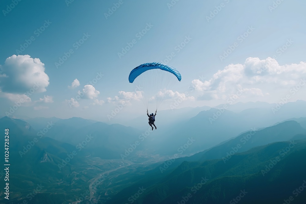 Two people paragliding high above mountains with blue parachutes in a clear sky
Two people paragliding high above mountains with blue parachutes in a clear sky