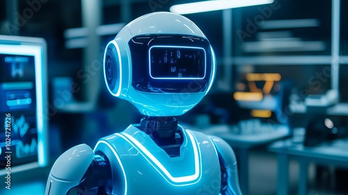 Advanced humanoid robot, sleek design, tech workspace, blue neon glow