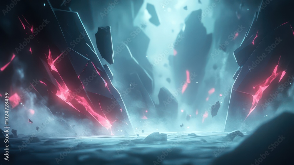 A surreal landscape featuring jagged rocks with glowing fissures and a misty atmosphere. A surreal landscape featuring jagged rocks with glowing fissures and a misty atmosphere.