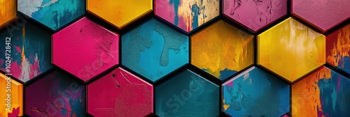 Vibrant Hexagonal Abstraction, a dynamic composition of colorful hexagons creating an engaging digital pattern, ideal for modern design applications