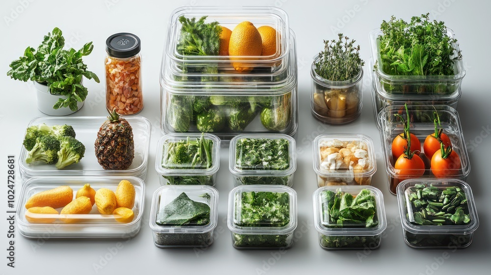 Organized containers of fresh vegetables and herbs for meal prep. Organized containers of fresh vegetables and herbs for meal prep.