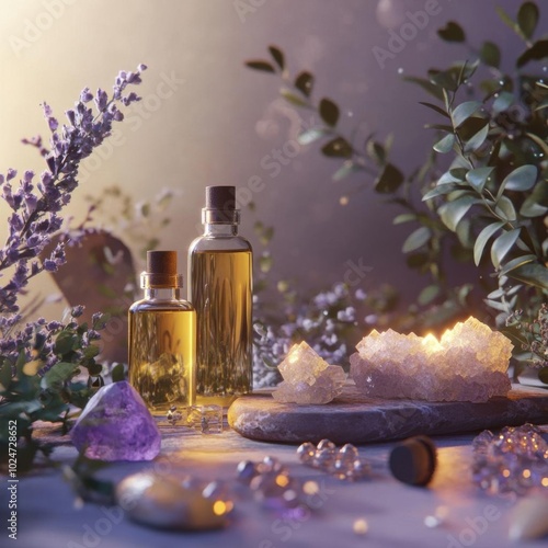Aromatherapy setup with essential oils and healing crystals, calming atmosphere, 3D illustration,