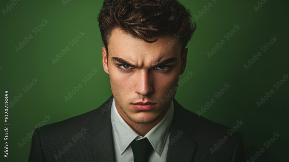 Portrait of a young Caucasian man wearing a business suit, showing extreme concentration against a green background with soft lighting and a focused expression. Portrait of a young Caucasian man wearing a business suit, showing extreme concentration against a green background with soft lighting and a focused expression.