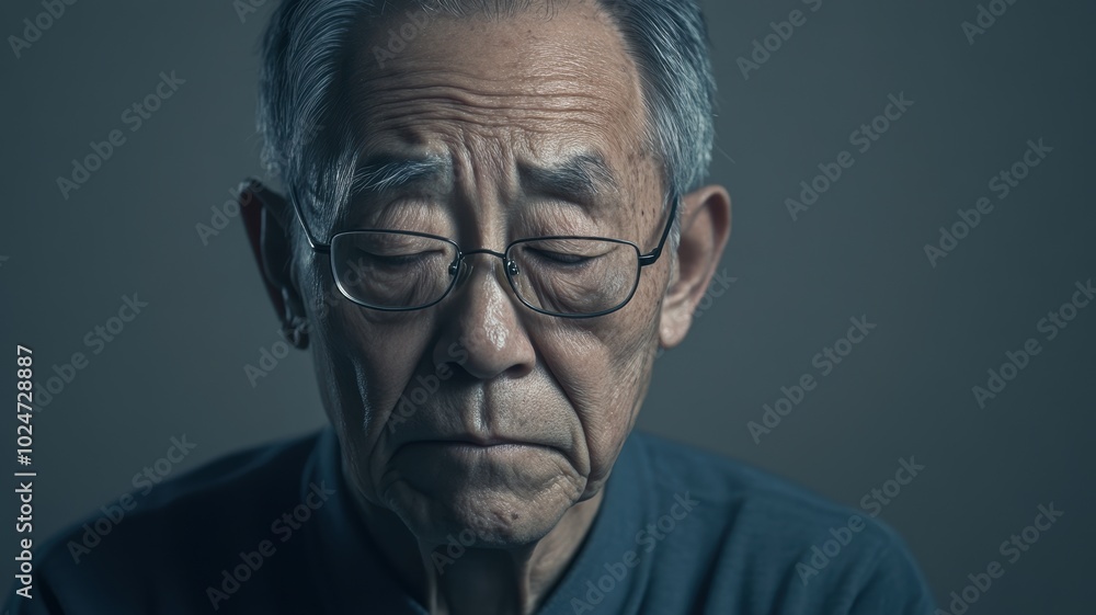 Portrait of an elderly Asian man wearing glasses, displaying deep sadness. Gray background with subtle lighting emphasizes his somber expression. Portrait of an elderly Asian man wearing glasses, displaying deep sadness. Gray background with subtle lighting emphasizes his somber expression.