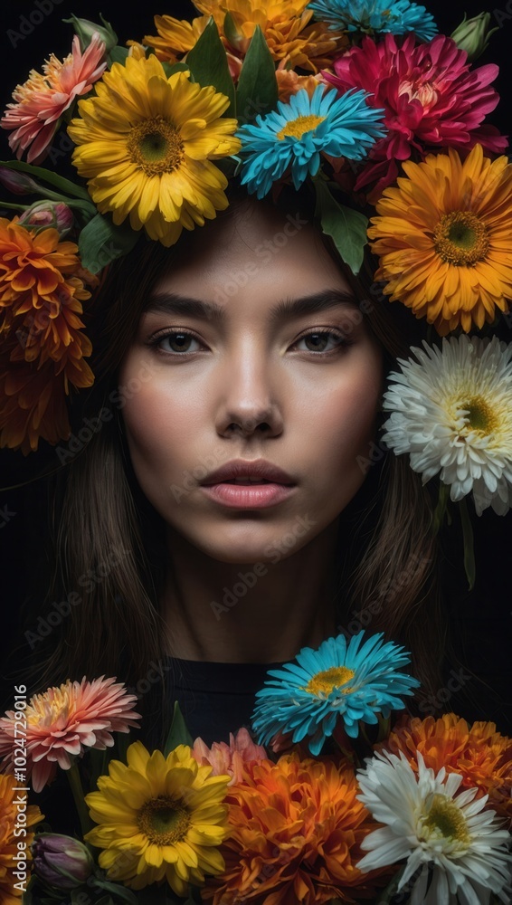 Woman with floral crown looking directly at camera, plain background, vibrant flowers Woman with floral crown looking directly at camera, plain background, vibrant flowers