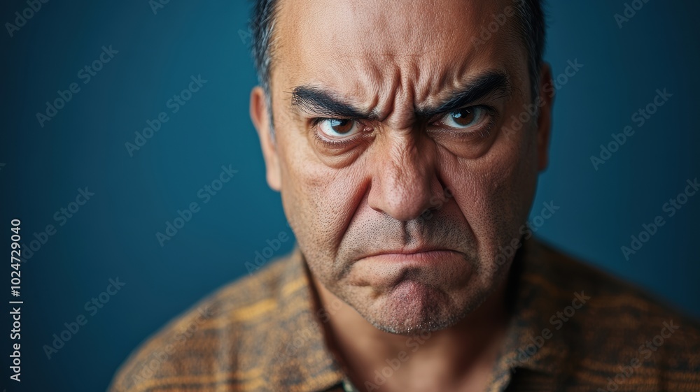 Close-up portrait of an angry man with a deeply furrowed brow and intense expression, glaring directly at the camera, set against a blue background. Close-up portrait of an angry man with a deeply furrowed brow and intense expression, glaring directly at the camera, set against a blue background.
