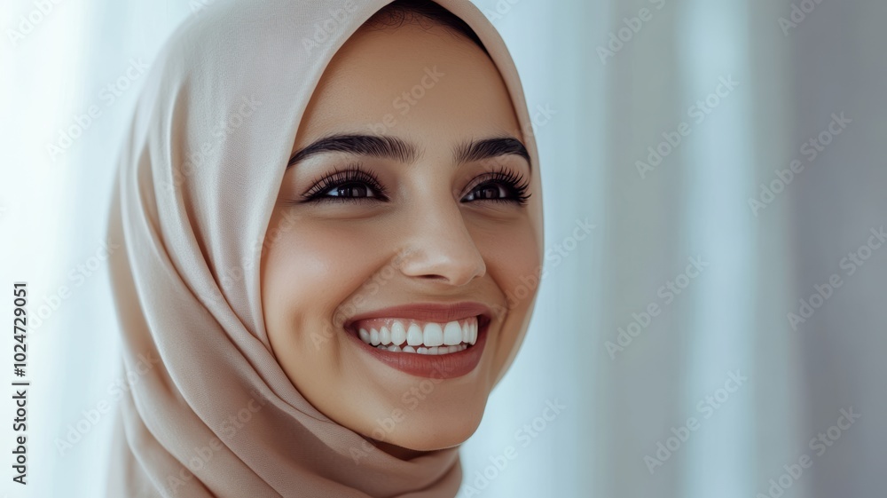 Close-up of a smiling woman wearing a hijab, radiating happiness and warmth with a joyful expression, set against a bright background. Close-up of a smiling woman wearing a hijab, radiating happiness and warmth with a joyful expression, set against a bright background.