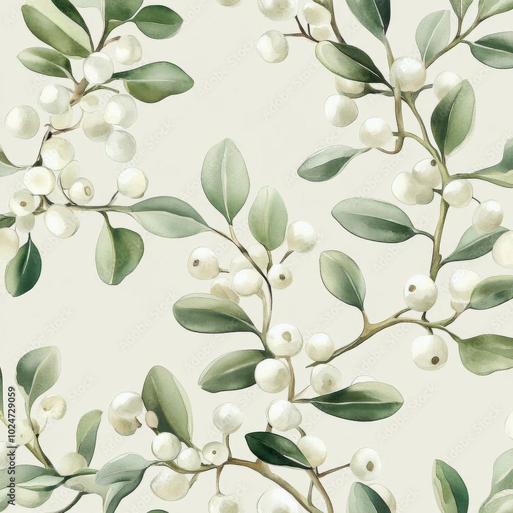 Delicate watercolor mistletoe branches, soft greens and white berries, floating on a light gray background, seamless pattern, Delicate watercolor mistletoe branches, soft greens and white berries, floating on a light gray background, seamless pattern,