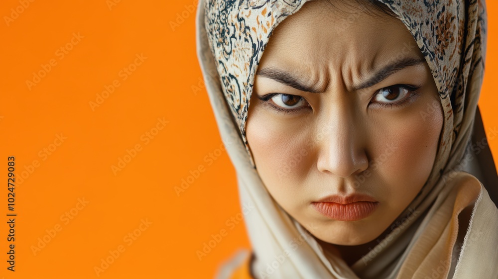 Close-up of a serious woman wearing a hijab with a furrowed brow and intense gaze, expressing determination or focus against a bright orange background. Close-up of a serious woman wearing a hijab with a furrowed brow and intense gaze, expressing determination or focus against a bright orange background.
