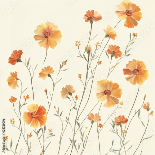 Delicate watercolor marigolds in soft orange and yellow tones, arranged on a pale background, minimalist and seamless,