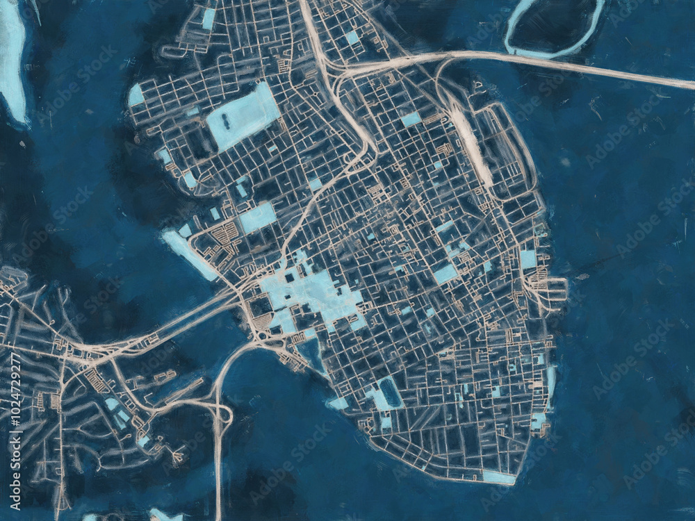 Fototapeta premium Painterly Style City Map of Charleston South Carolina, USA in a Blue Color Scheme.