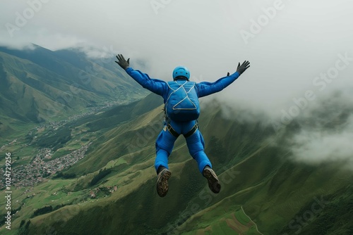 Stock minimalist photography of a man in a blue suit flying in free fall with a parachute, with mountain scenery and green hills 