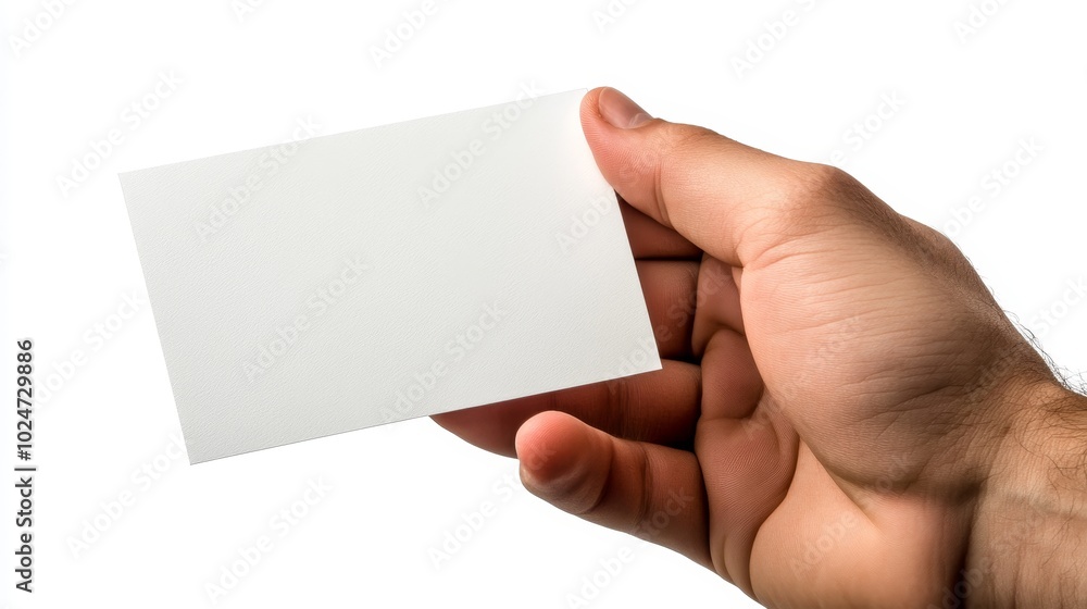 Male Hand Holding A Blank White Horizontal Business Card, Isolated On A White Background. Male Hand Holding A Blank White Horizontal Business Card, Isolated On A White Background.